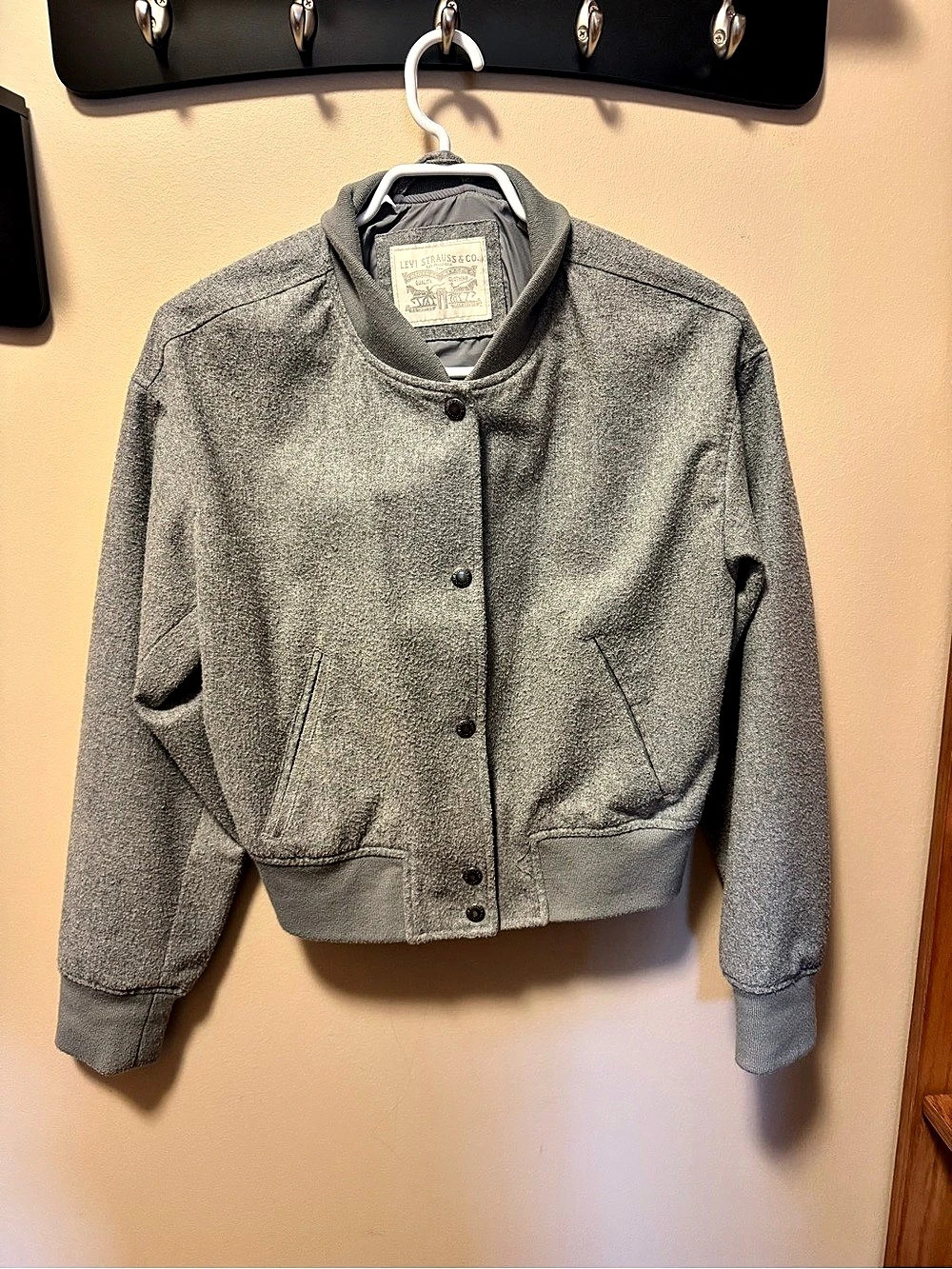 Levi'Small Wool Blend Cropped Varsity Bomber Jacket Gray Small